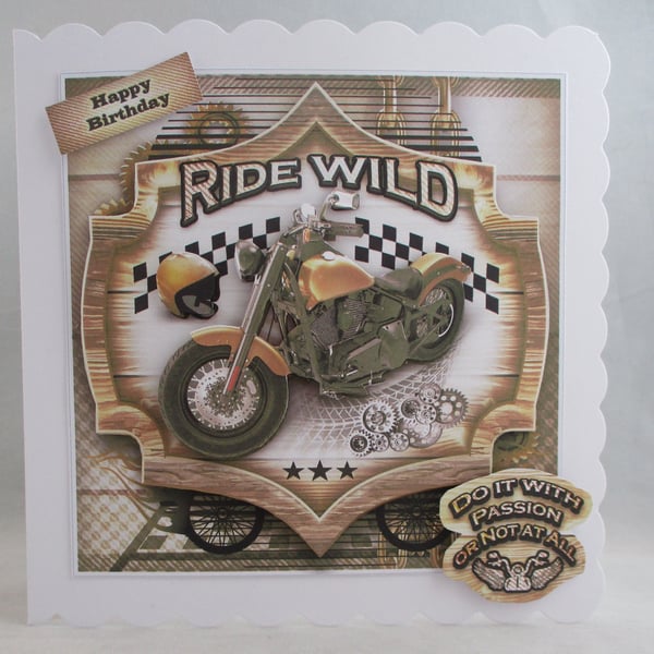 Scalloped edged motorbike Greeting Card, decoupage,3D