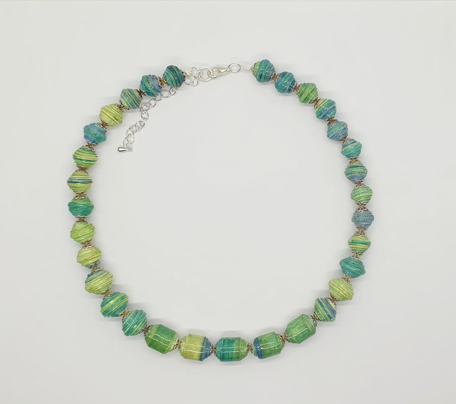 Light, summery blue-green paper beaded necklace one off design