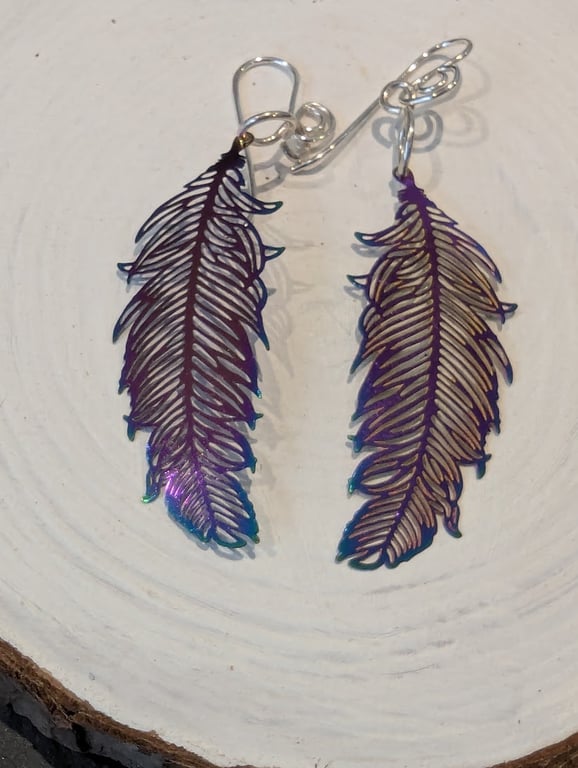 Purple and Blue Anodised Stainless Steel Feather Earrings