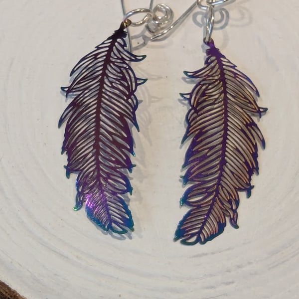 Purple and Blue Anodised Stainless Steel Feather Earrings