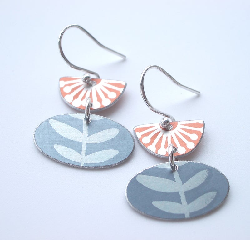 Folk art earrings in burnt orange and grey