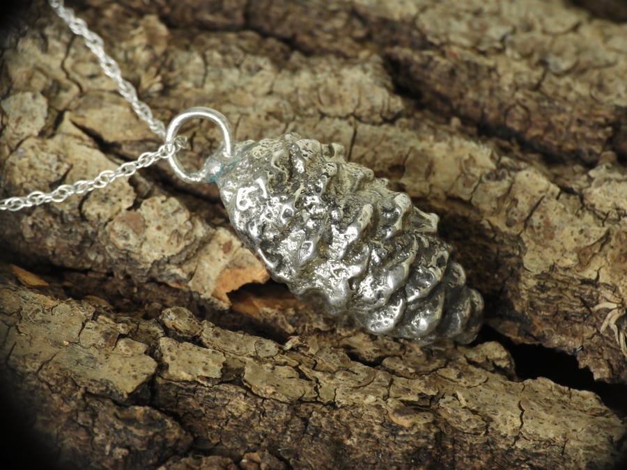 Solid sterling silver alder cone pendant