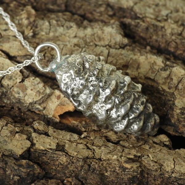 Solid sterling silver alder cone pendant
