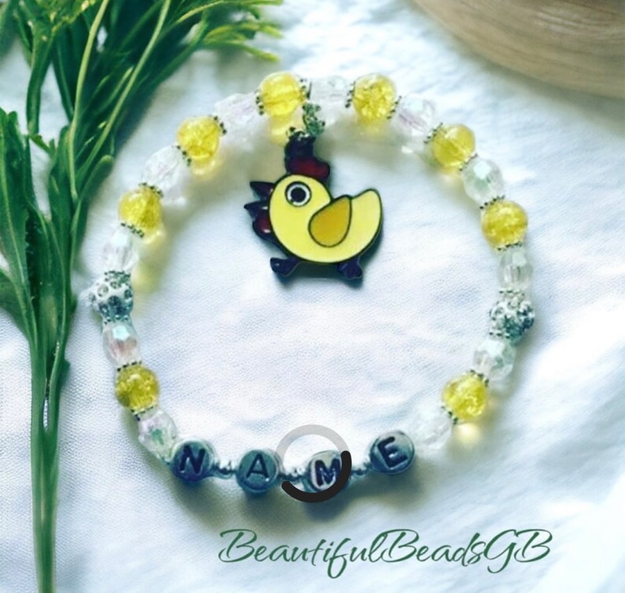 Personalised chick charm ab crystal stretch beaded bracelet easter gift 