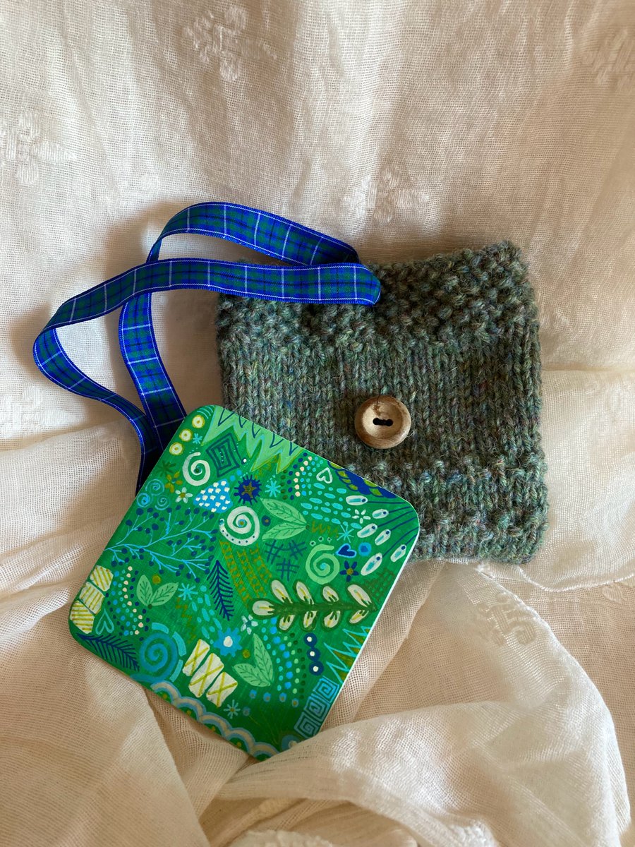 Hand painted coaster gift in a hand knitted bag