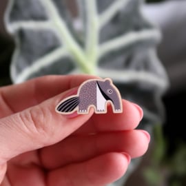 Anteater wooden pin badge, animal lover gift, cute brooch.