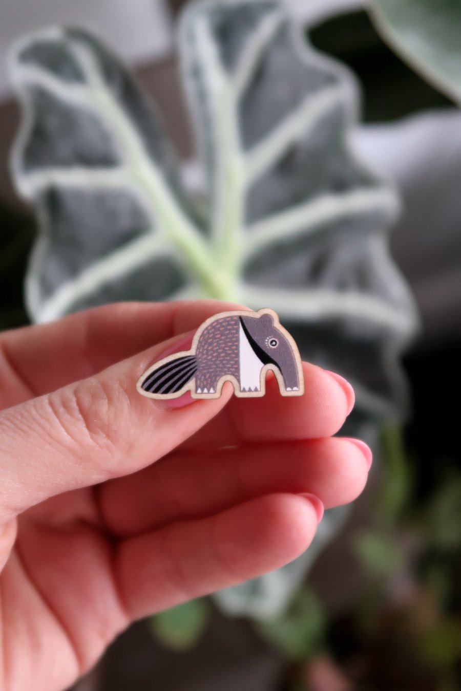 Anteater wooden pin badge, animal lover gift, cute brooch.