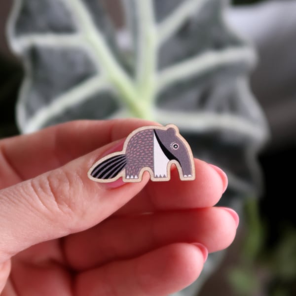 Anteater wooden pin badge, animal lover gift, cute brooch.