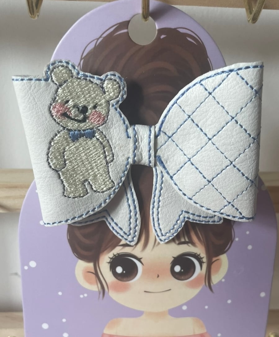 Handmade Embroidered Teddy  Hair Bow – Faux Leather Hair Clip