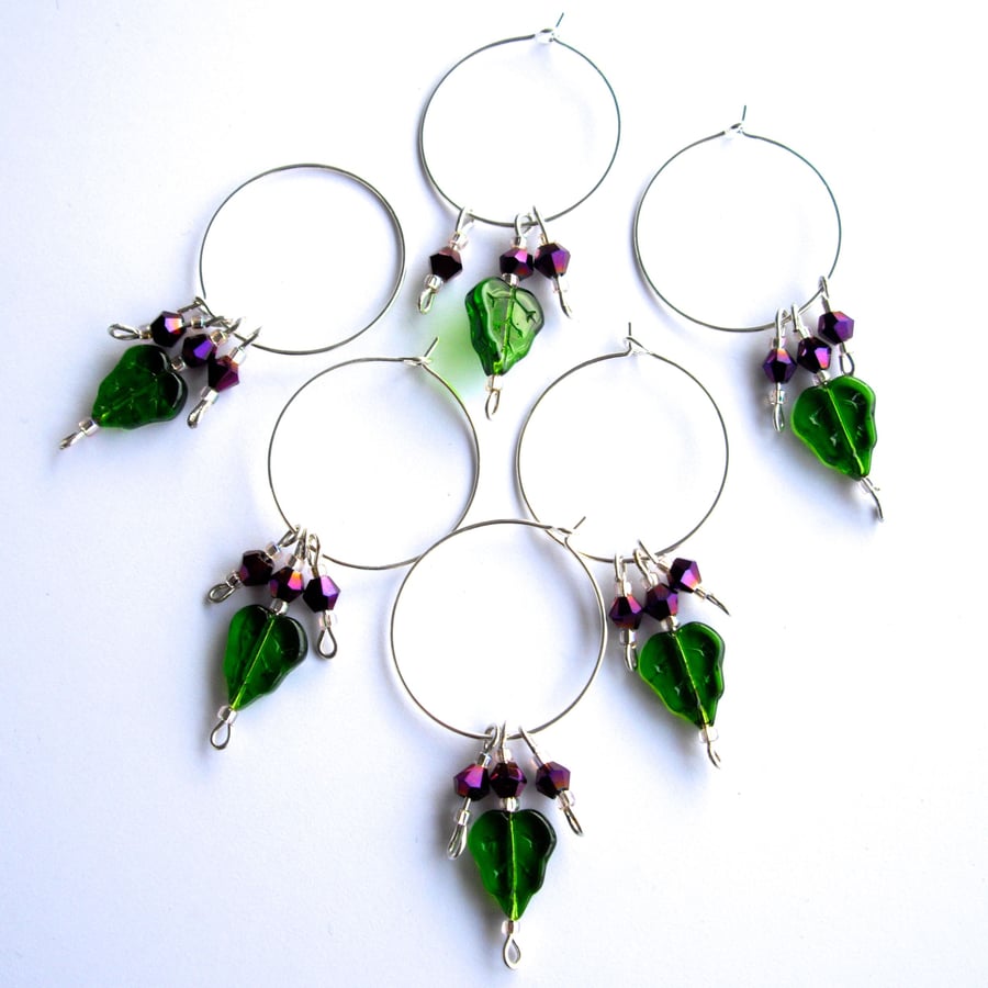 Set of 6 Green Leaf and Purple Wine Glass Charms - UK Free Post