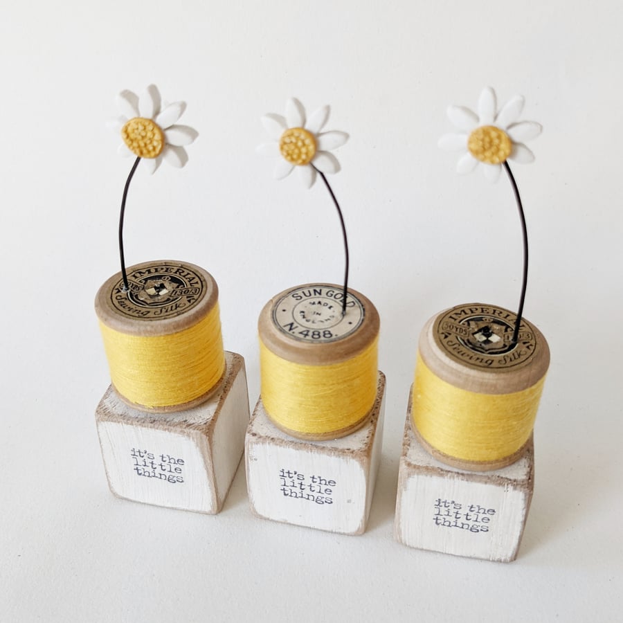 SALE - Clay Daisy on a Teeny Vintage Bobbin 'it's the little things'