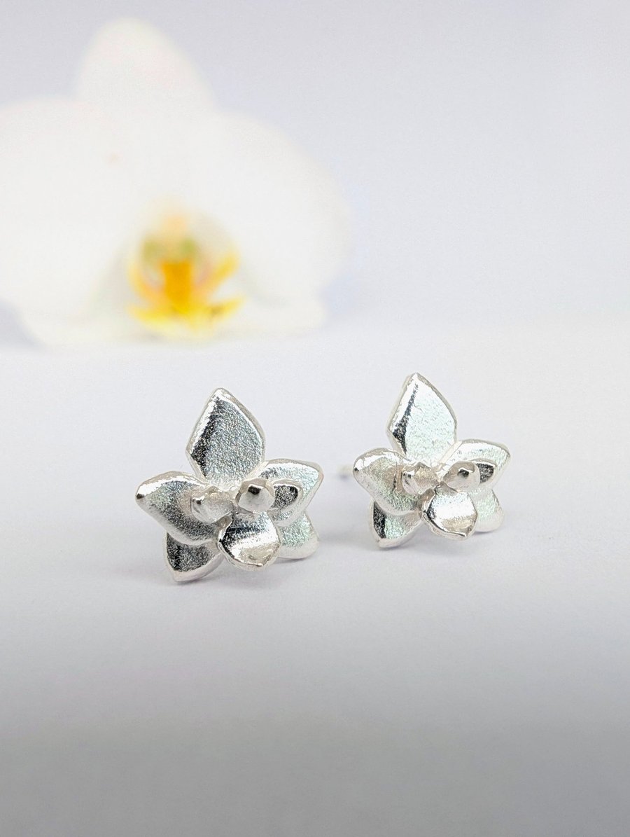 Silver Orchid Stud Earrings - Little Flower Earrings - Handmade Sterling Silver
