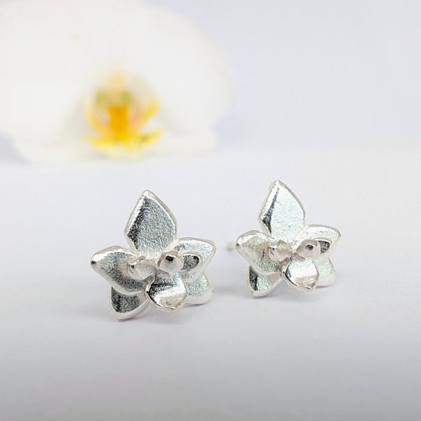 Silver Orchid Stud Earrings - Little Flower Earrings - Handmade Sterling Silver
