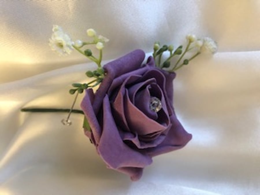 Dusky Lilac Rose Spray Boutonniere Butttonhole - Matching Diamante Pin Included!
