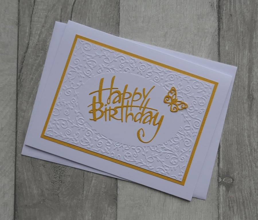 Swirl Frame With Yellow Happy Birthday and Butterfly - Birthday Card