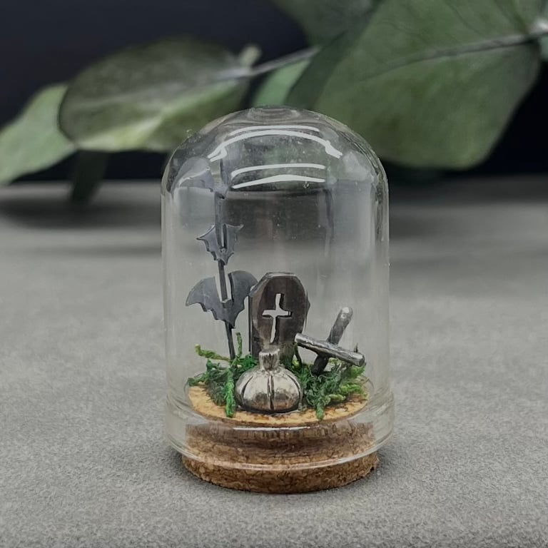 Halloween Scene Miniature Bell Jar Cloche Handmade Sterling Silver Pumpkin Bats 