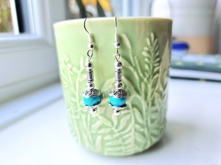 Real Turquoise beaded Earrings sterling silver Tibetan silver 