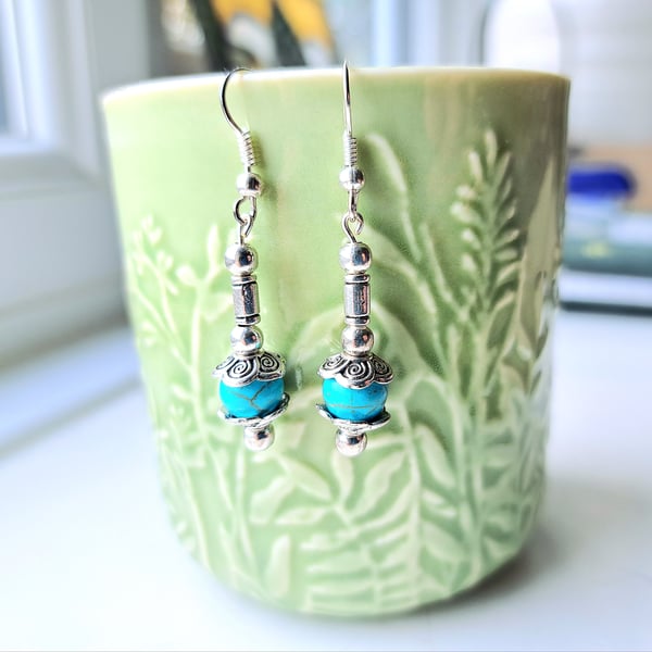 Real Turquoise beaded Earrings sterling silver Tibetan silver 