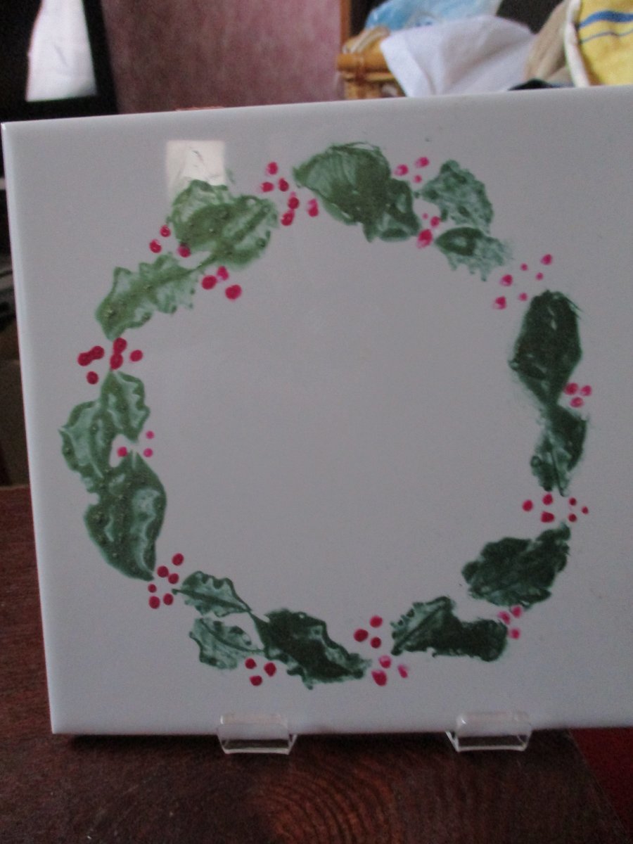 Christmas Wreath Painted Tile Coaster