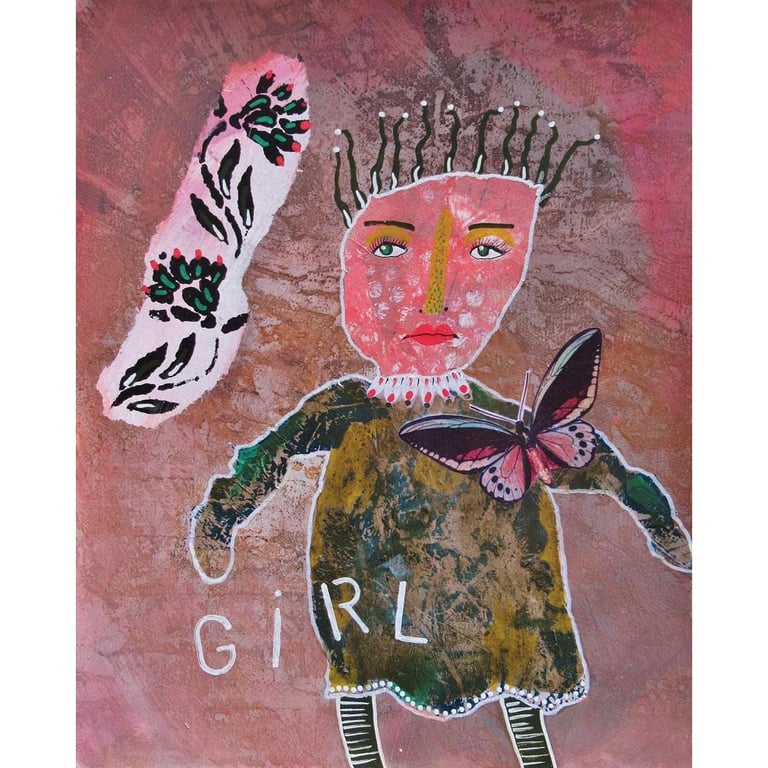 Primitive Style Female Painting Figurative Artwork Naive Girl With Butterfly