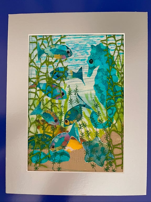 Textile picture with fish and seahorse 