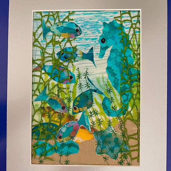 Textile picture with fish and seahorse 