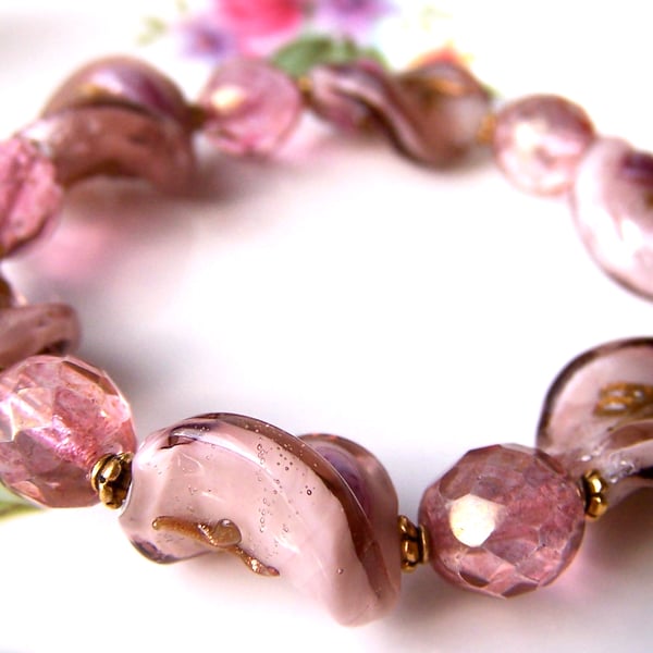 Dusky Pink Bracelet, Pink Glass Beads, Pretty Stretch Bracelet, Women, Girls