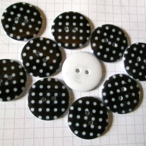 10 x  23mm BLACK Polka Dot Spotty Buttons