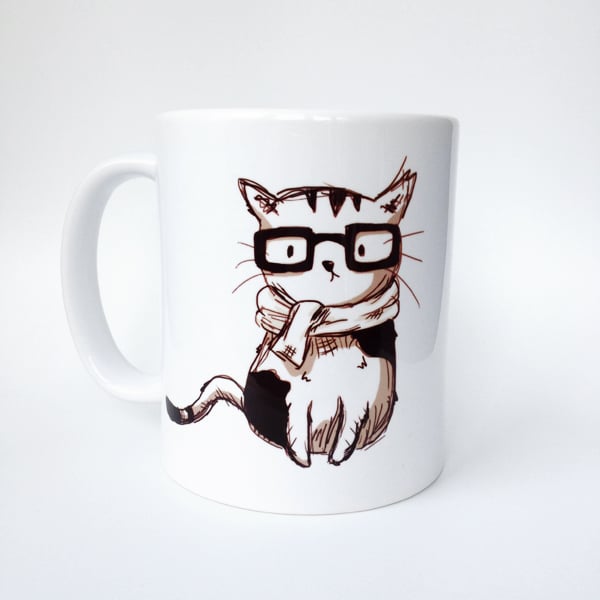 Nerd Cat Mug - Handmade Illustration, Ceramic Tea Mug, Artist Coffee Cup.