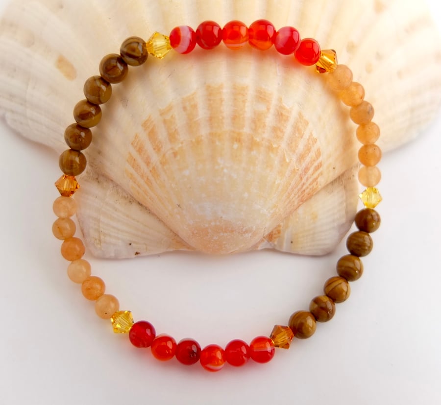 Wood Lace Agate, Peach Aventurine, Red Agate and Swarovski Crystal Bracelet.