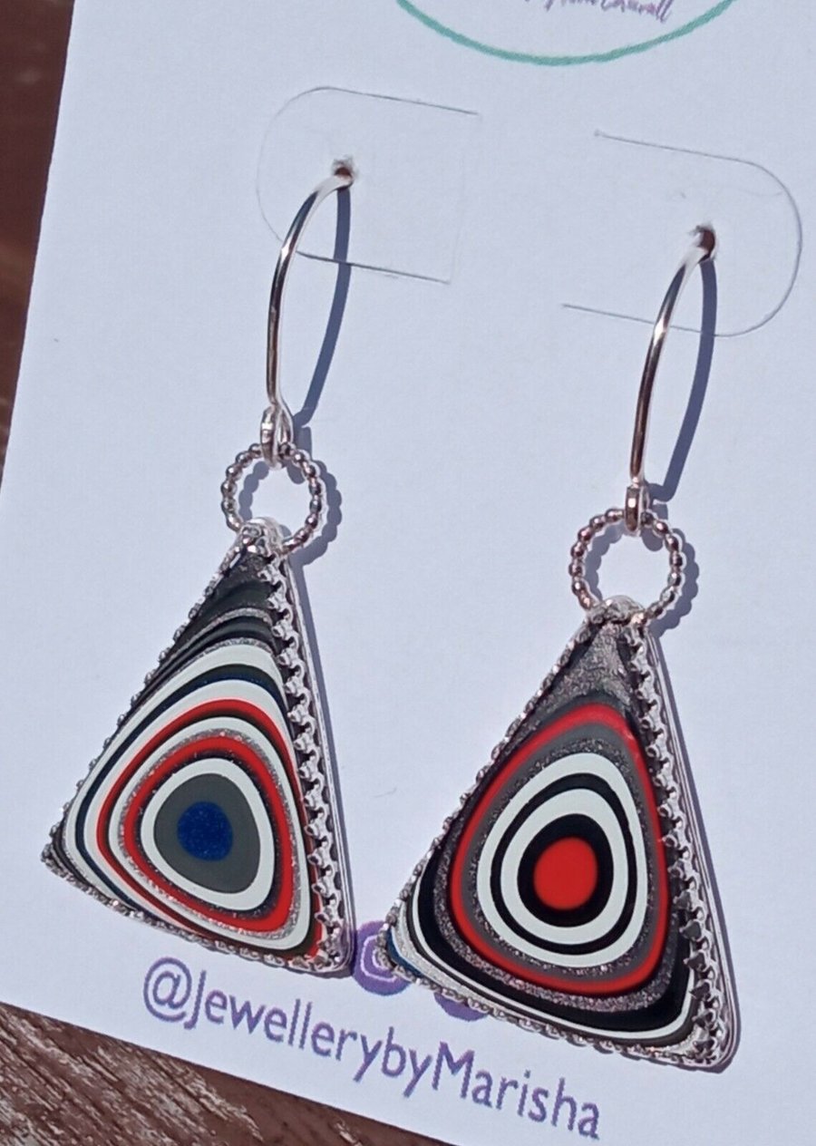 Sterling Silver Fordite Detroit Agate Multicoloured Triangle Mismatched Earrings