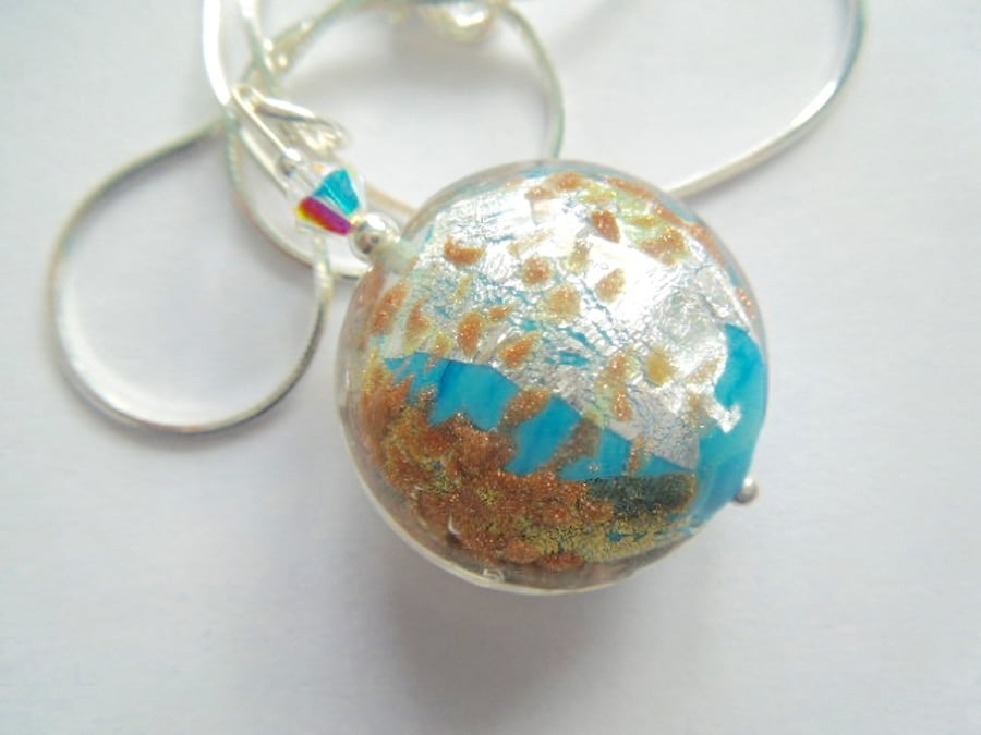 Murano glass gold and turquoise large lentil pendant with sterling silver.