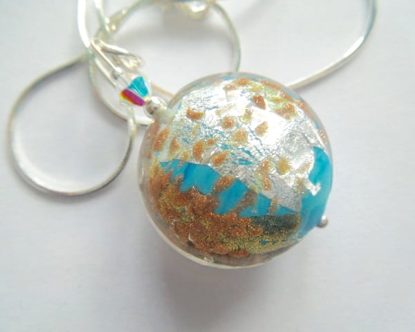 Murano glass gold and turquoise large lentil pendant with sterling silver.