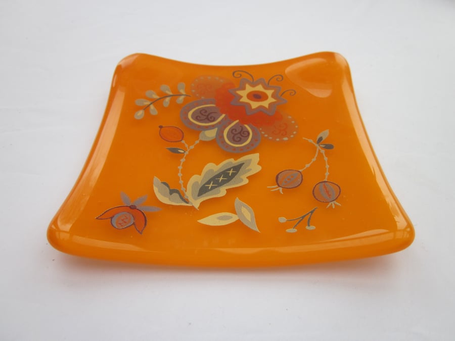 RESERVED for CAROL fused glass trinket bowl orange with Persian flower