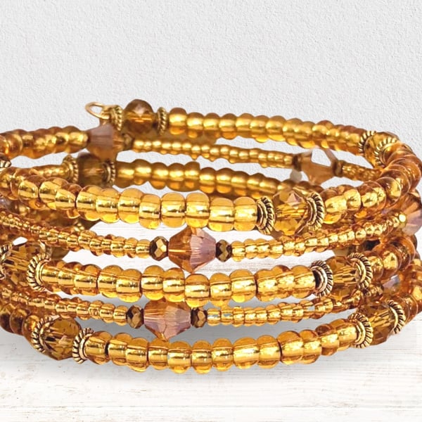 Gold Coloured Memory Wire BraceletBoho Cuff Bracelet Stacked Coil BangleSeed Bea