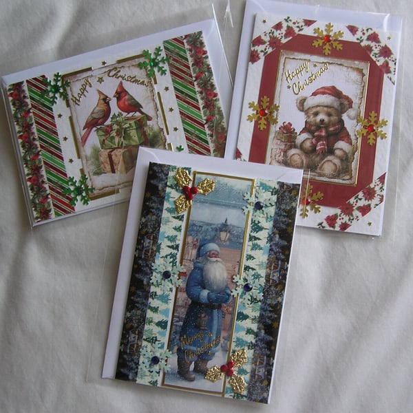 Set of 3 (Three) Beautiful Hand-Crafted Christmas Decoupage Greeting Cards (o)