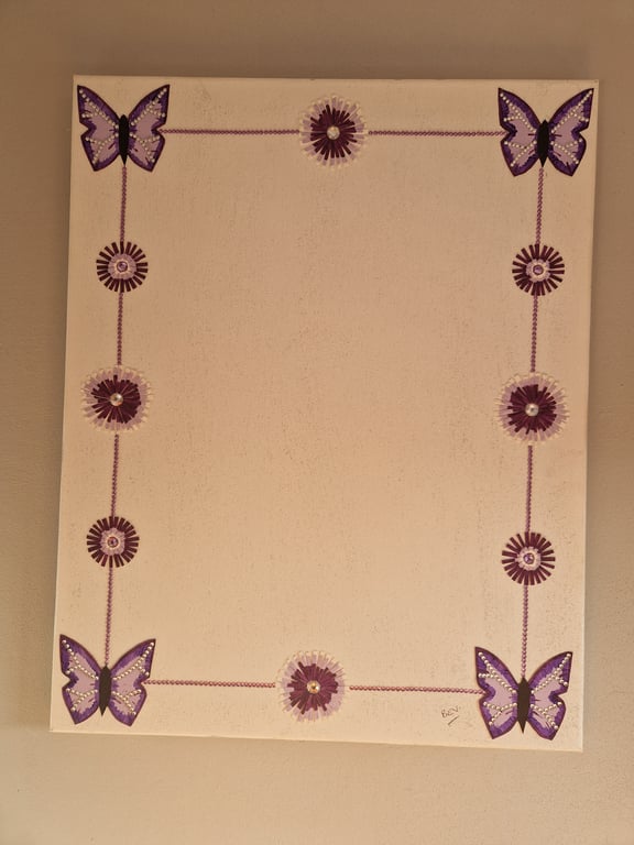 Purple flowers and butterflies canvas picture frame. 
