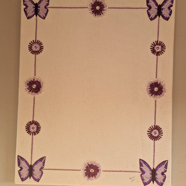 Purple flowers and butterflies canvas picture frame. 