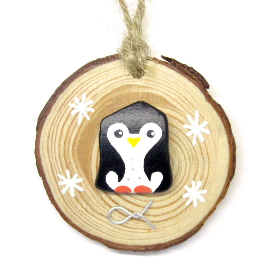 Penguin Beach Pottery Pebble Wooden Christmas Tree Decoration Scottish Seaside 