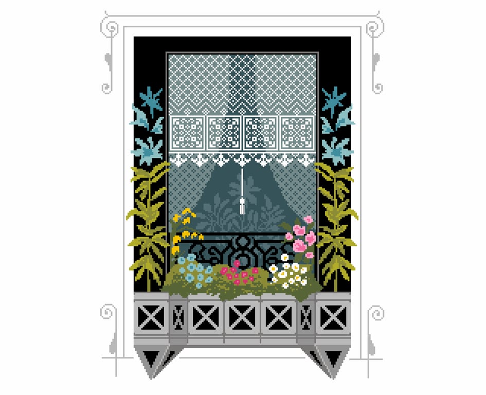 187 - Art Deco Parisian Window Cross Stitch Pattern: Floral Balcony (PDF Chart)