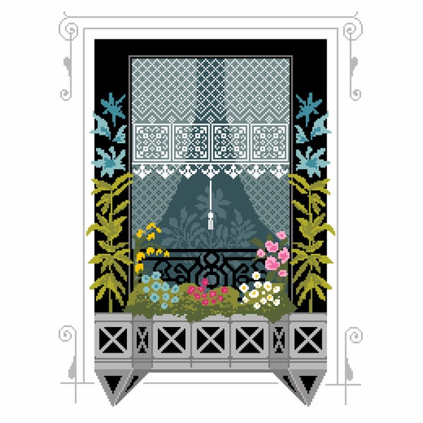 187 - Art Deco Parisian Window Cross Stitch Pattern: Floral Balcony (PDF Chart)