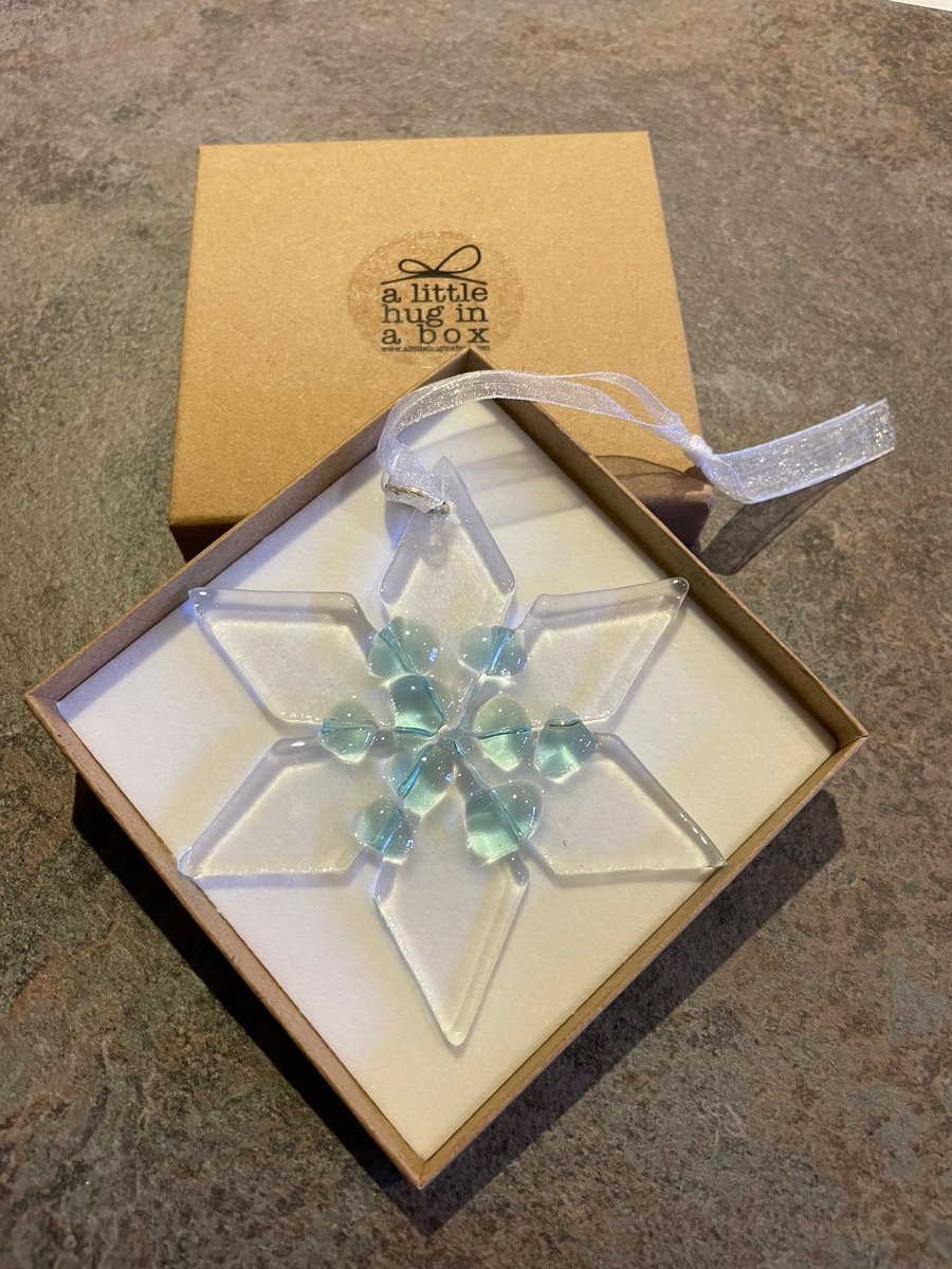 A Little Hug in a Box Fused Glass Turquoise Star Christmas Tree Decoration