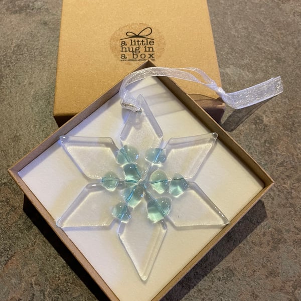 A Little Hug in a Box Fused Glass Turquoise Star Christmas Tree Decoration