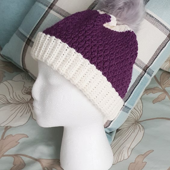 Purple Hat, crochet with pompom