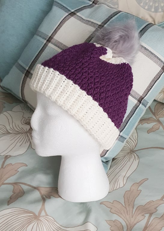 Purple Hat, crochet with pompom
