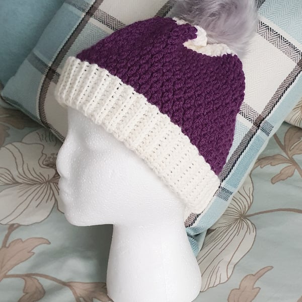 Purple Hat, crochet with pompom