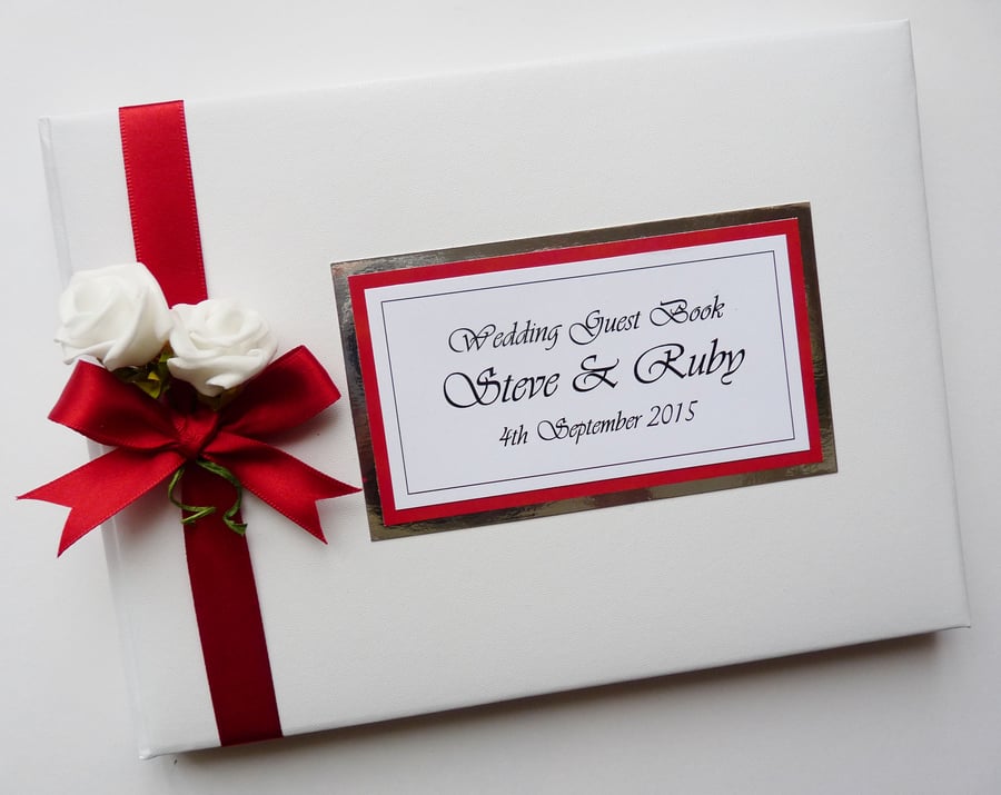 Wedding guest book with roses, red and white wedding guest book