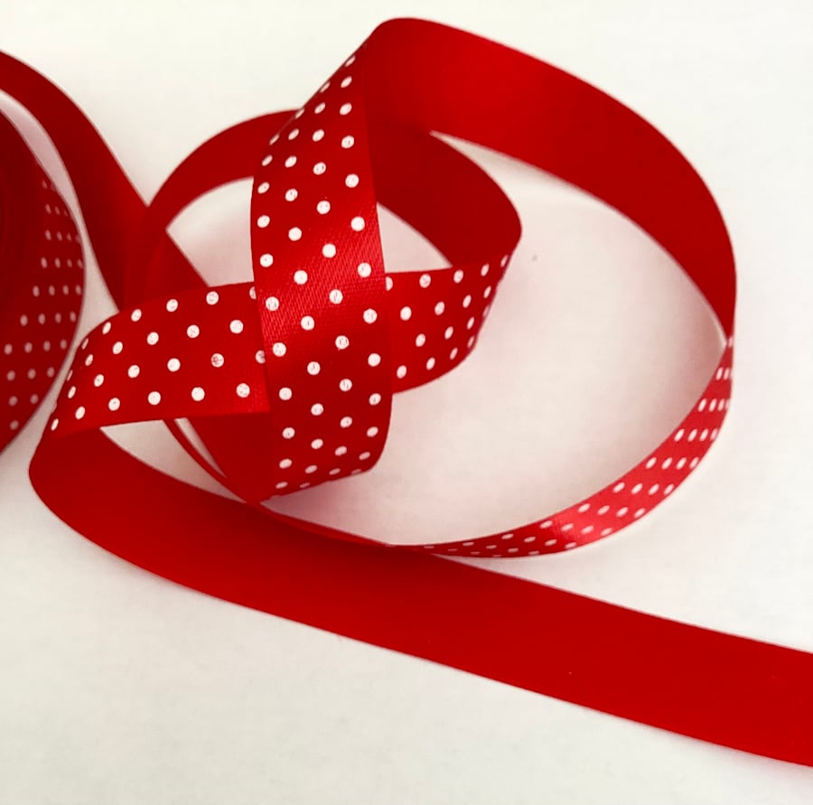 Red Polka dot satin ribbon 15mm x 3 metres 