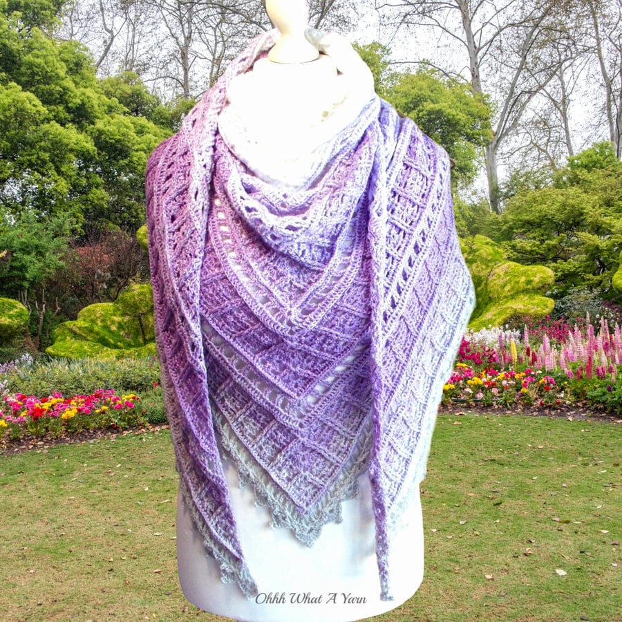 Crochet ombre acrylic shawl in shades of lilac, grey and white. Crochet shawl.