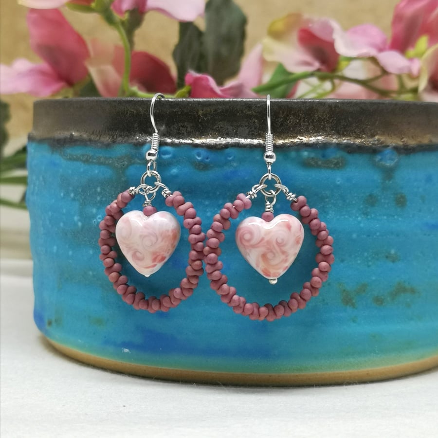 Pink and white heart earrings with seed bead hoops